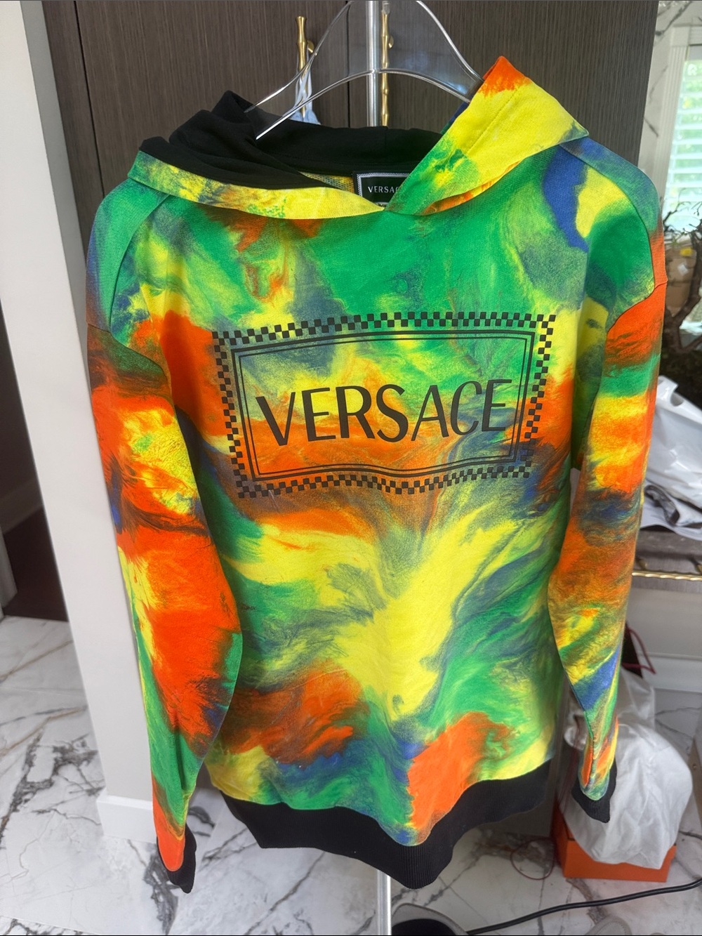 Versace Multicolor Green Yellow Orange Tie-Dye Crewneck Hoodie NEVER Worn